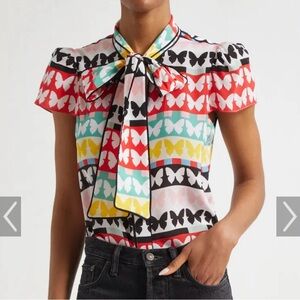 Alice + Olivia Multicolor Butterfly Stripe Tie-Neck Blouse